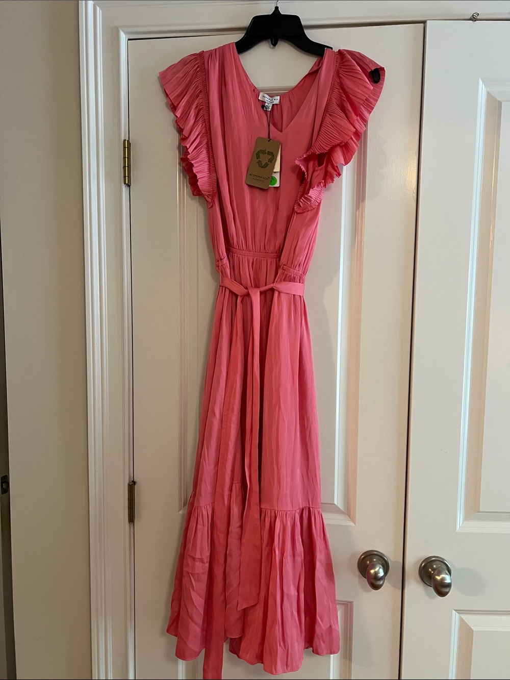 Current Air Coral Pink Midi Dress with Ruffle Sleeves